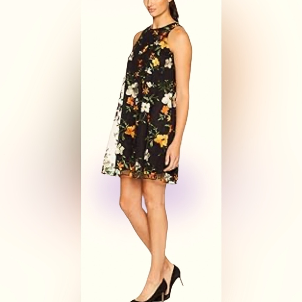 ECI New York Embroidered Floral Mesh Overlay Swing sleeveless party Dress